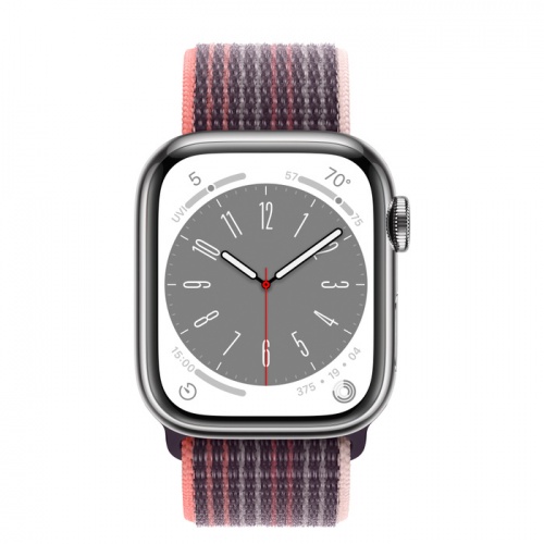 Apple Watch Series 8 45мм серебристый корпус из нержавеющей стали и ремешок Sport Loop Elderberry