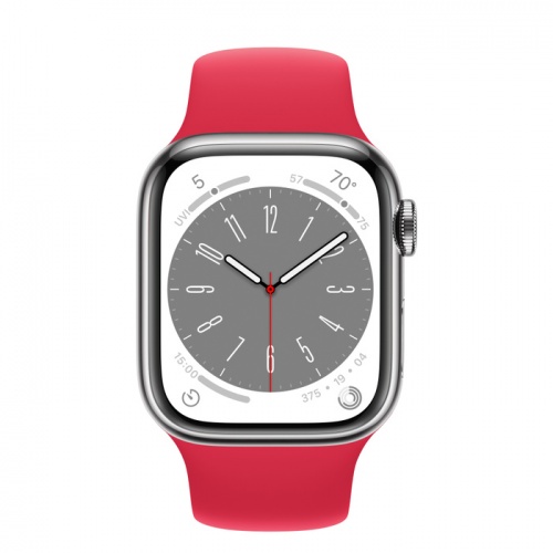 Apple Watch Series 8 41мм серебристый корпус из нержавеющей стали и ремешок Sport Band Red