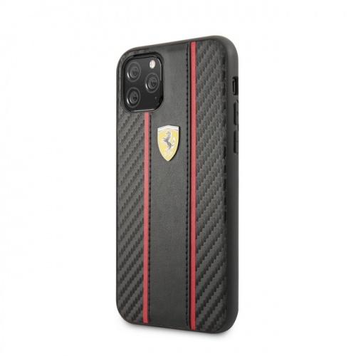 Карбоновый чехол Ferrari для iPhone 11/11Pro/11ProMax PU Carbon/Smooth with metal logo Hard Black