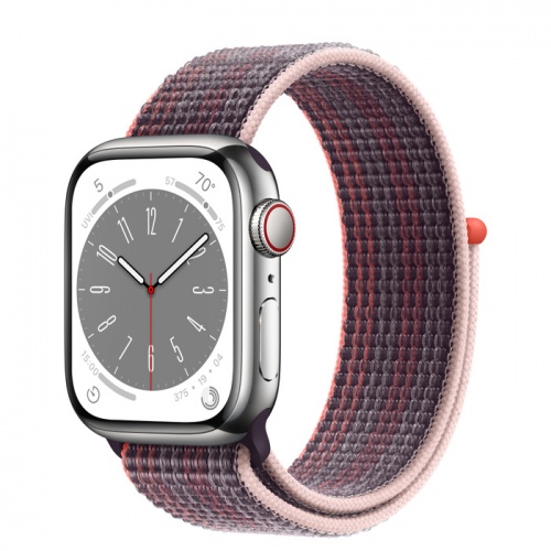 Apple Watch Series 8 45мм серебристый корпус из нержавеющей стали и ремешок Sport Loop Elderberry