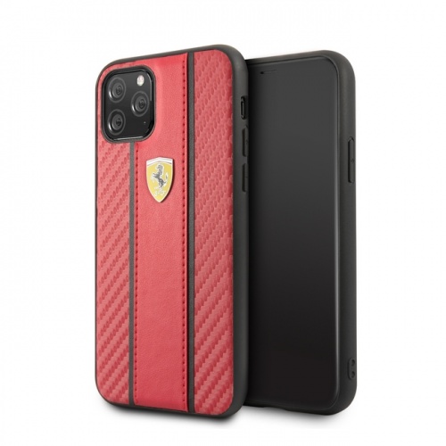 Чехол Ferrari для iPhone 11/11Pro/11ProMax PU Carbon/Smooth with metal logo Hard Red