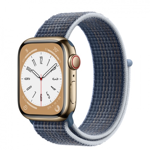 Apple Watch Series 8 45мм золотой корпус из нержавеющей стали и ремешок Sport Loop Storm Blue