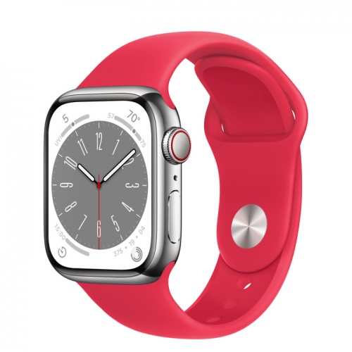 Apple Watch Series 8 41мм серебристый корпус из нержавеющей стали и ремешок Sport Band Red