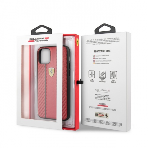 Чехол Ferrari для iPhone 11/11Pro/11ProMax PU Carbon/Smooth with metal logo Hard Red