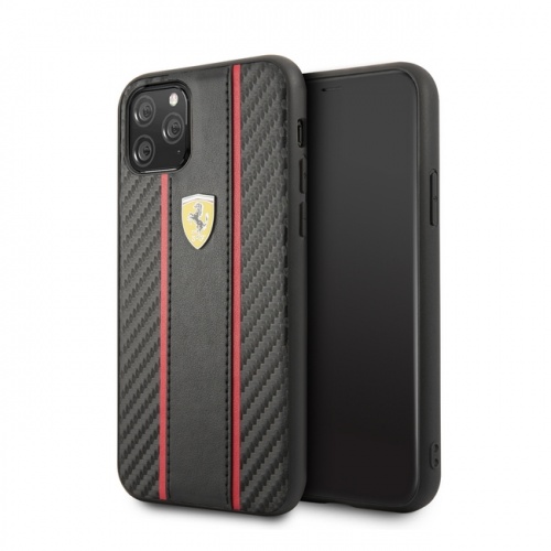 Карбоновый чехол Ferrari для iPhone 11/11Pro/11ProMax PU Carbon/Smooth with metal logo Hard Black
