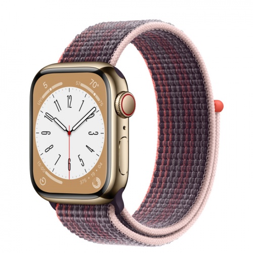 Apple Watch Series 8 45мм золотой корпус из нержавеющей стали и ремешок Sport Loop Elderberry