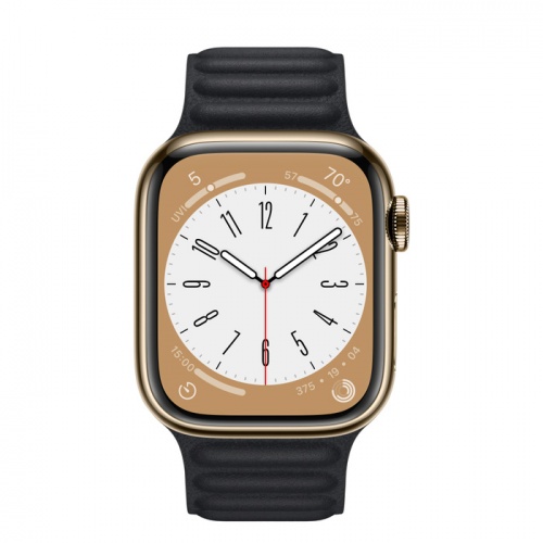 Apple Watch Series 8 45мм золотой корпус из нержавеющей стали и ремешок Leather Link Midnight