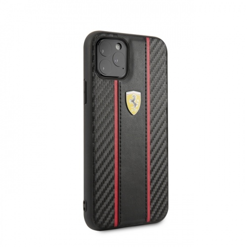 Карбоновый чехол Ferrari для iPhone 11/11Pro/11ProMax PU Carbon/Smooth with metal logo Hard Black