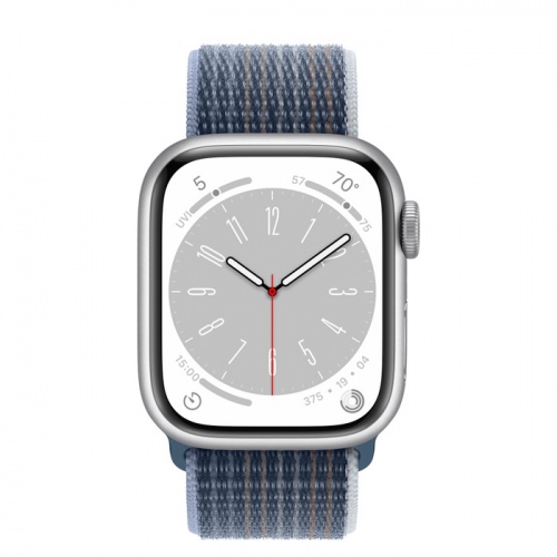 Apple Watch Series 8 45мм серебристый корпус из алюминия и ремешок Sport Loop Storm Blue
