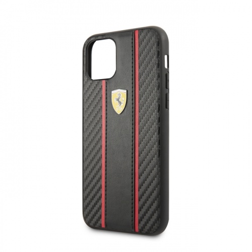 Карбоновый чехол Ferrari для iPhone 11/11Pro/11ProMax PU Carbon/Smooth with metal logo Hard Black