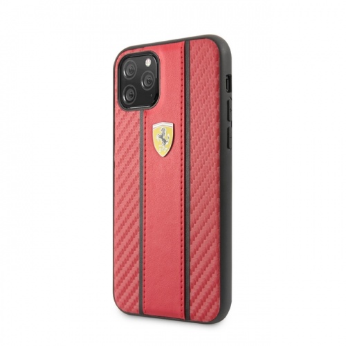 Чехол Ferrari для iPhone 11/11Pro/11ProMax PU Carbon/Smooth with metal logo Hard Red