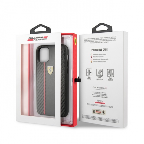 Карбоновый чехол Ferrari для iPhone 11/11Pro/11ProMax PU Carbon/Smooth with metal logo Hard Black
